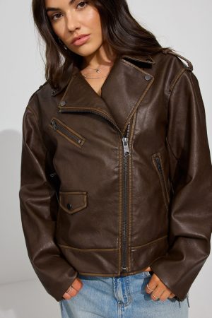 Washed Faux Leather Biker Jacket