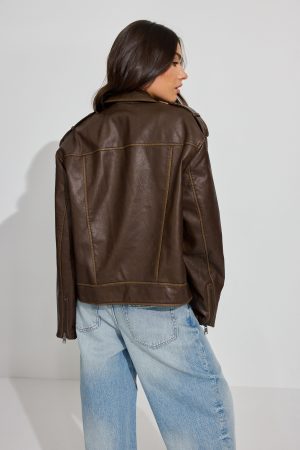 Washed Faux Leather Biker Jacket
