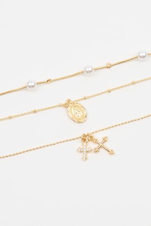 Set of 3 Pearl, Cross, and Pendant Necklaces