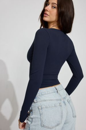 Sleek Plunge Neck Long Sleeve Top