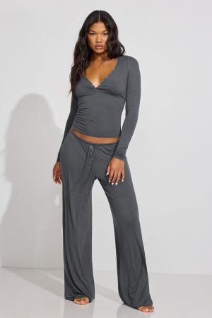 Sheer Ribbed Henley Long Sleeve Top